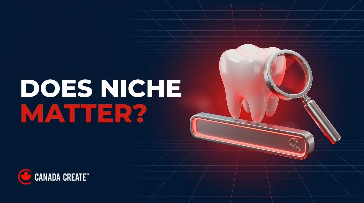 Does niche matter: a glowing tooth model on a search bar under a magnifying glass