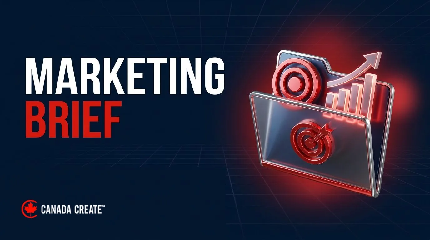 Marketing brief: an open folder with a red target and a rising chart lifting out of it