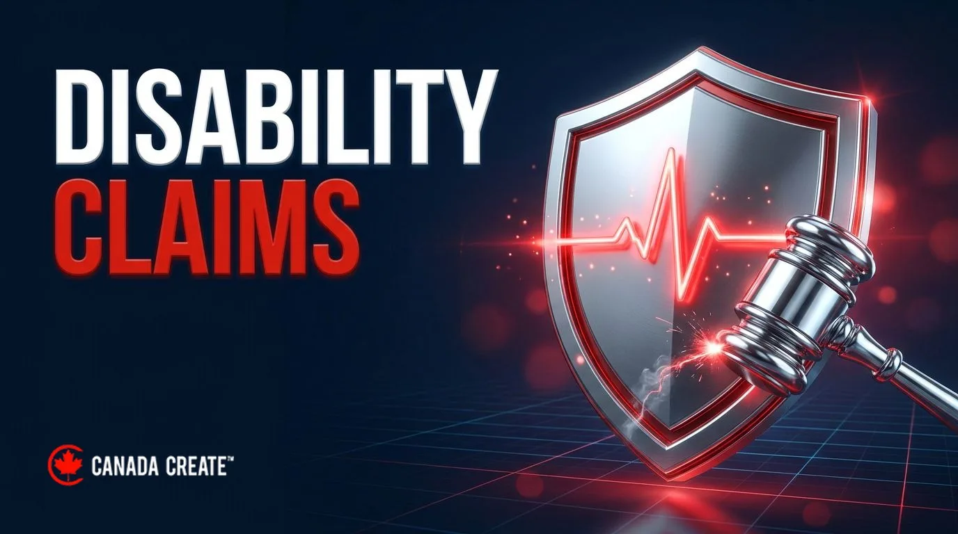 Disability claims: a silver shield with a red heartbeat line and a chrome gavel resting against it