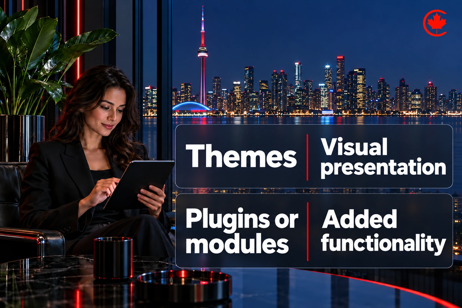 Themes determine visual presentation; plugins or modules add functionality.