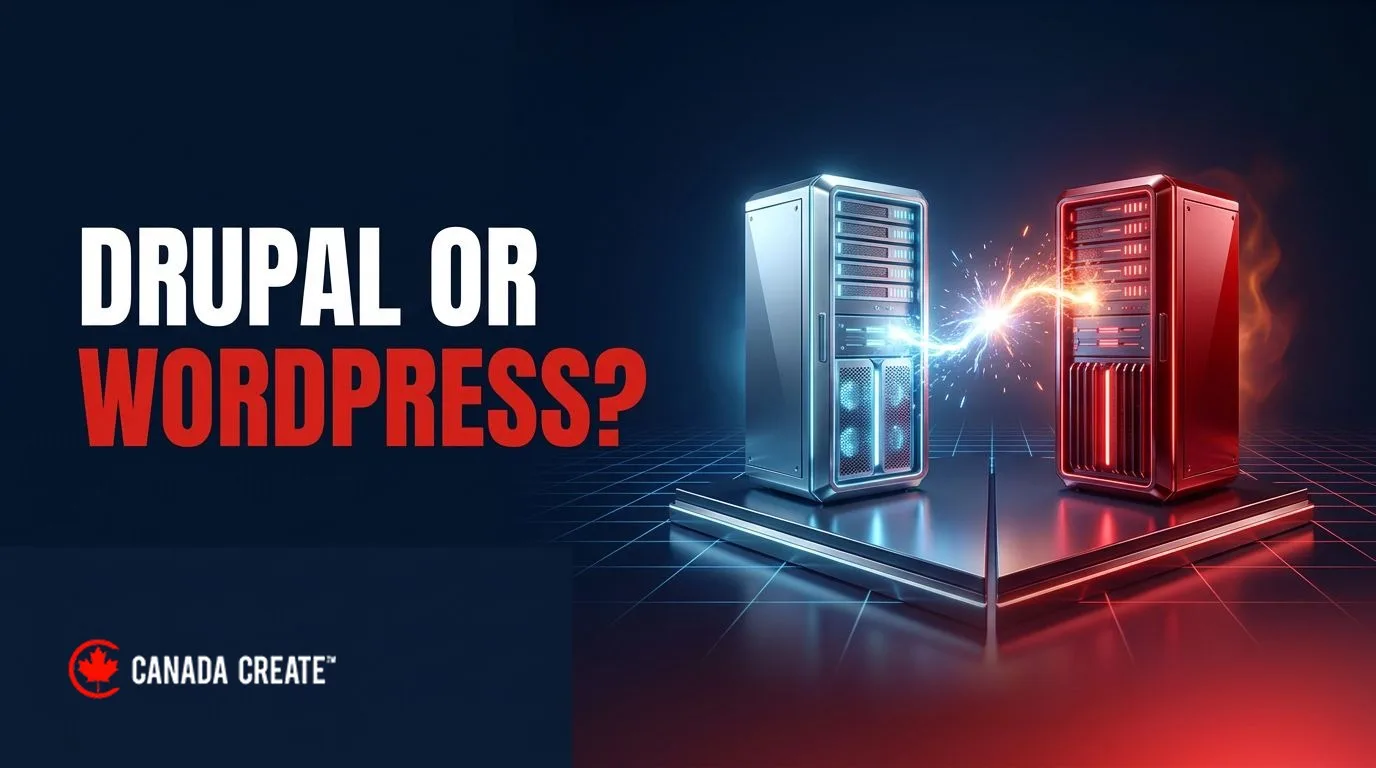 Drupal or WordPress: two server towers facing off on a split stage