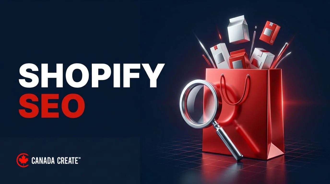 Shopify SEO: a red shopping bag with product boxes rising out of it behind a chrome magnifying glass