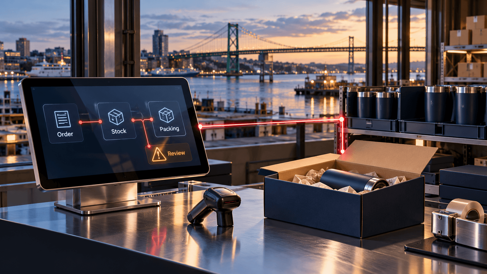 Ecommerce order, stock and packing workflow with a review alert on a fulfilment counter for businesses in Toronto and across Canada.