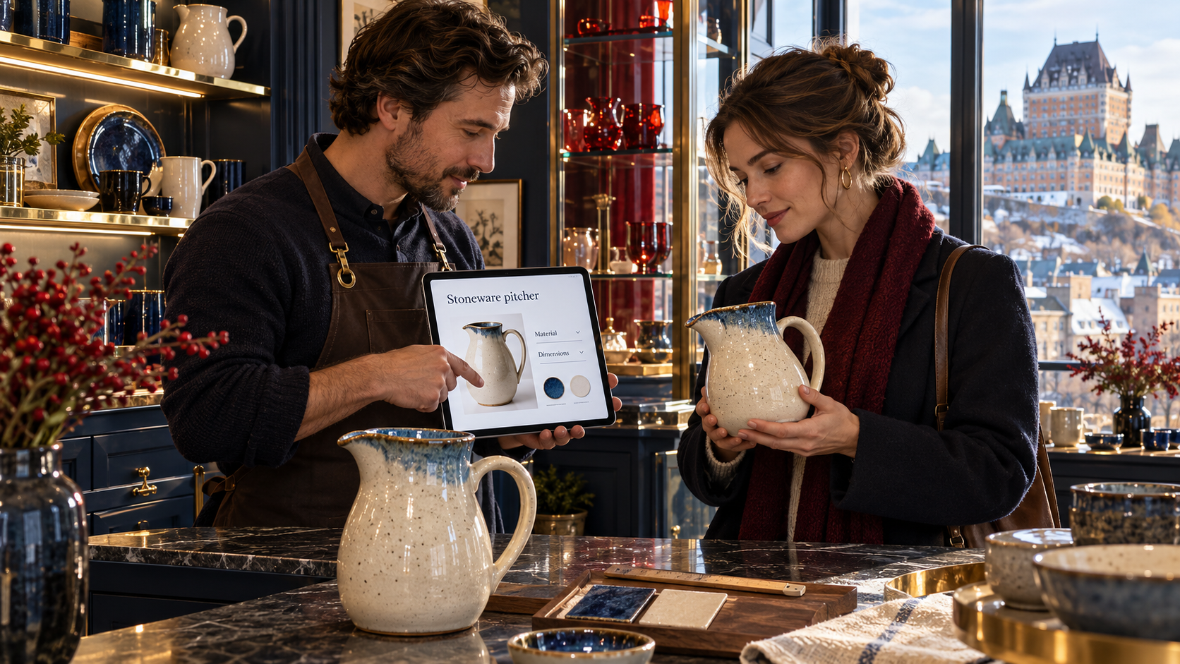 Retailer and shopper comparing a ceramic pitcher with its ecommerce product page in a Québec City boutique.