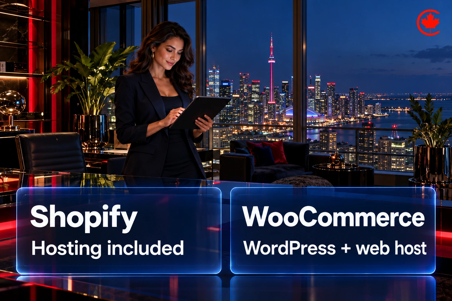 Shopify includes hosting; WooCommerce requires WordPress and a web host.