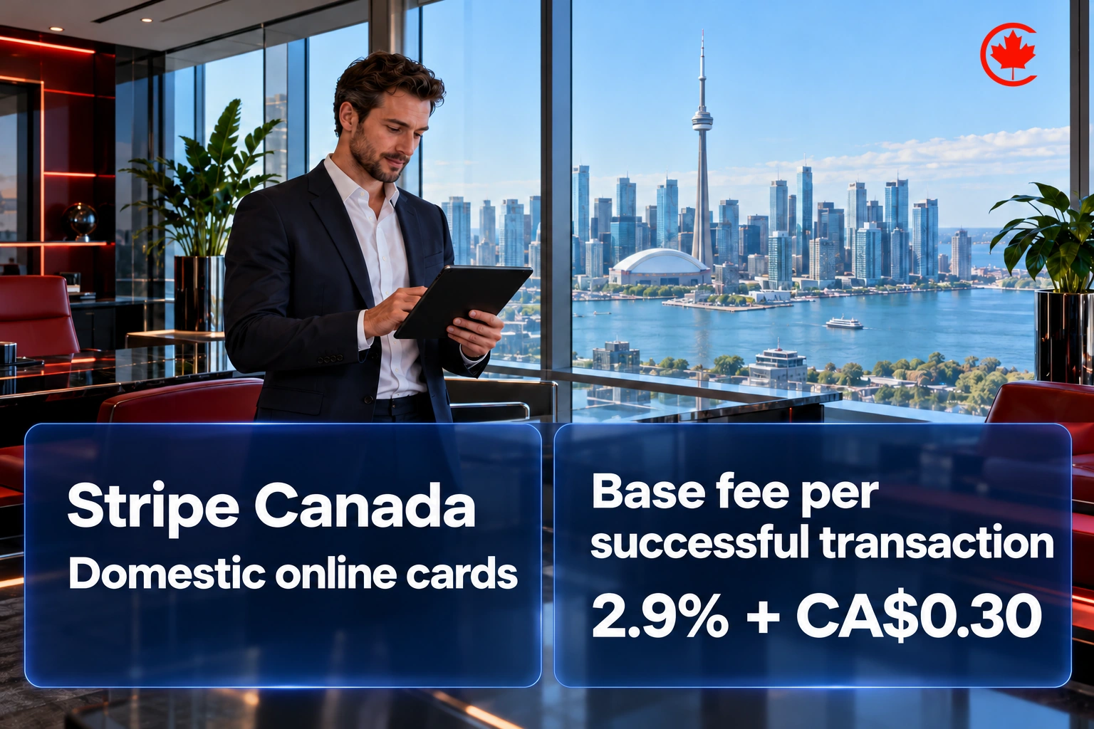 Stripe Canada domestic online cards: base fee per successful transaction is 2.9% plus CA$0.30.