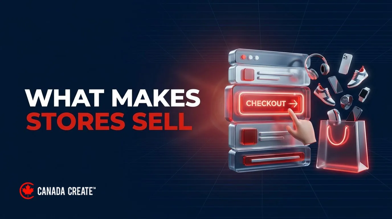 What makes stores sell: a store page with a glowing red checkout button and products flying into a bag