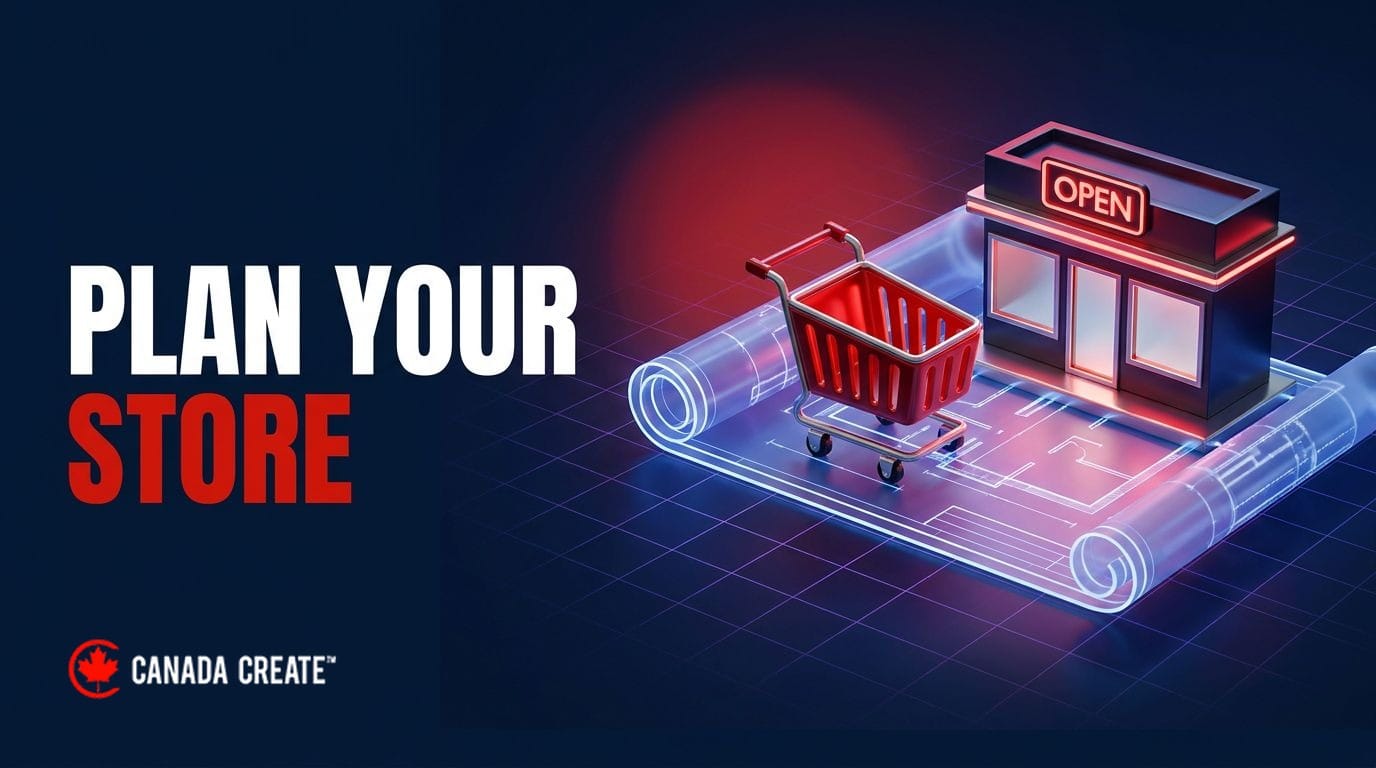 Plan your store: a red shopping cart and storefront rising in 3D from a glowing blueprint