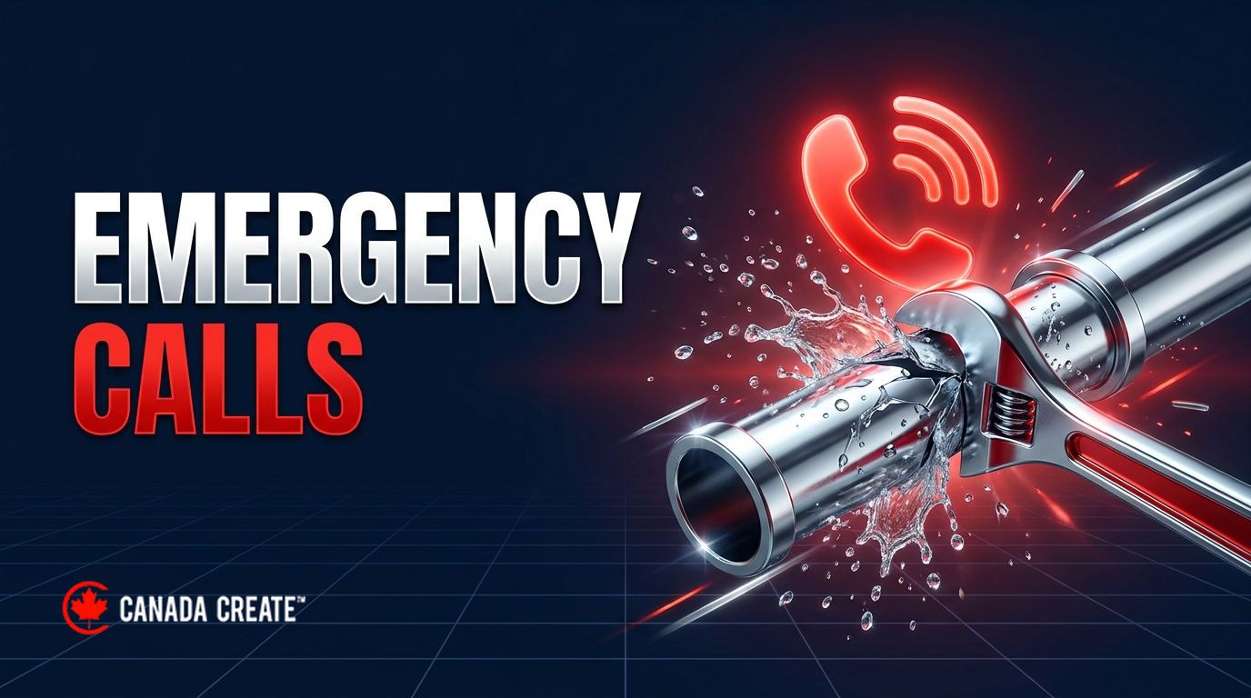 Emergency calls: a burst chrome pipe spraying water with a wrench clamped on and a red alert phone icon above