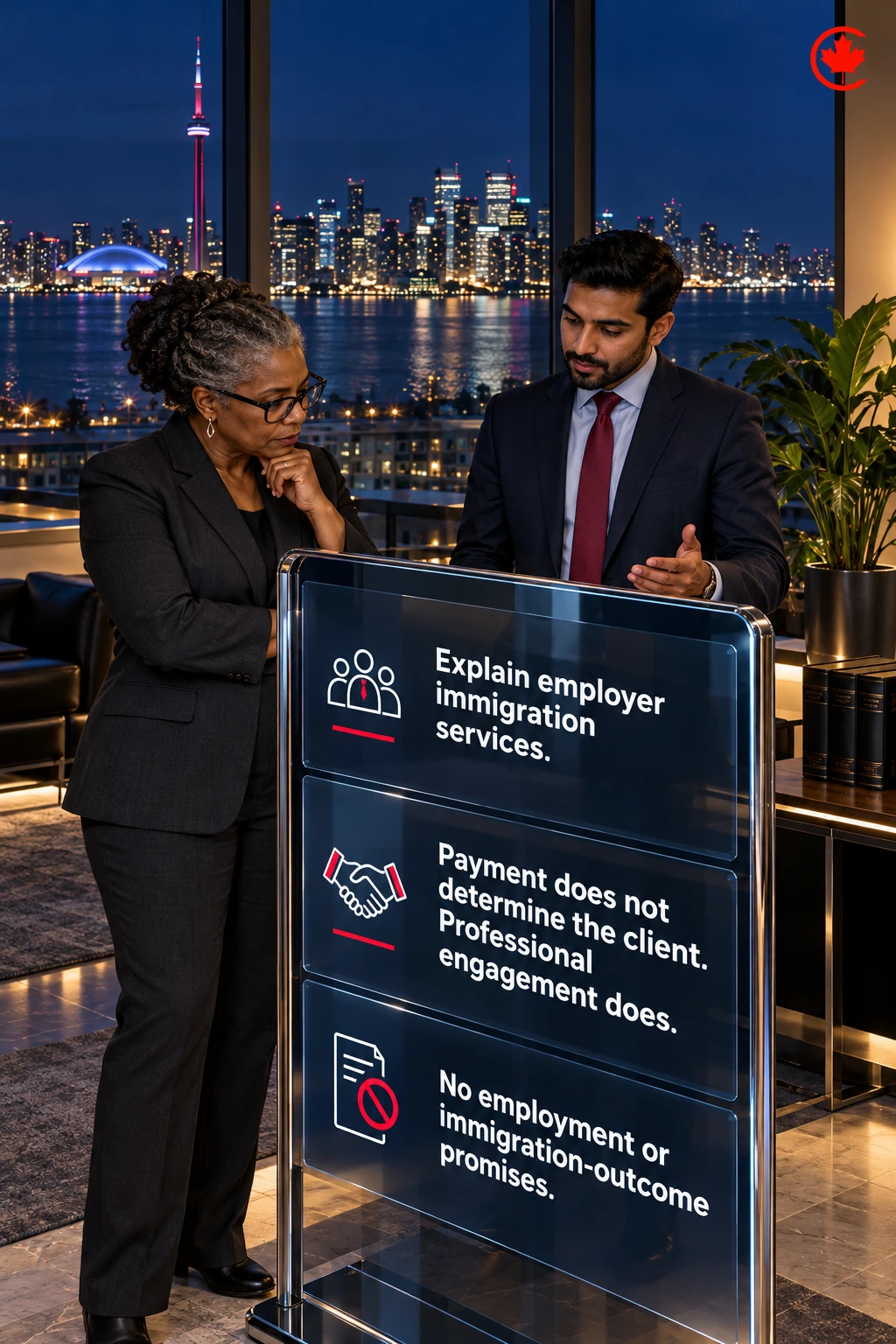 Employer immigration services are separated from employment and immigration-outcome promises; professional engagement, not payment alone, determines the client relationship.