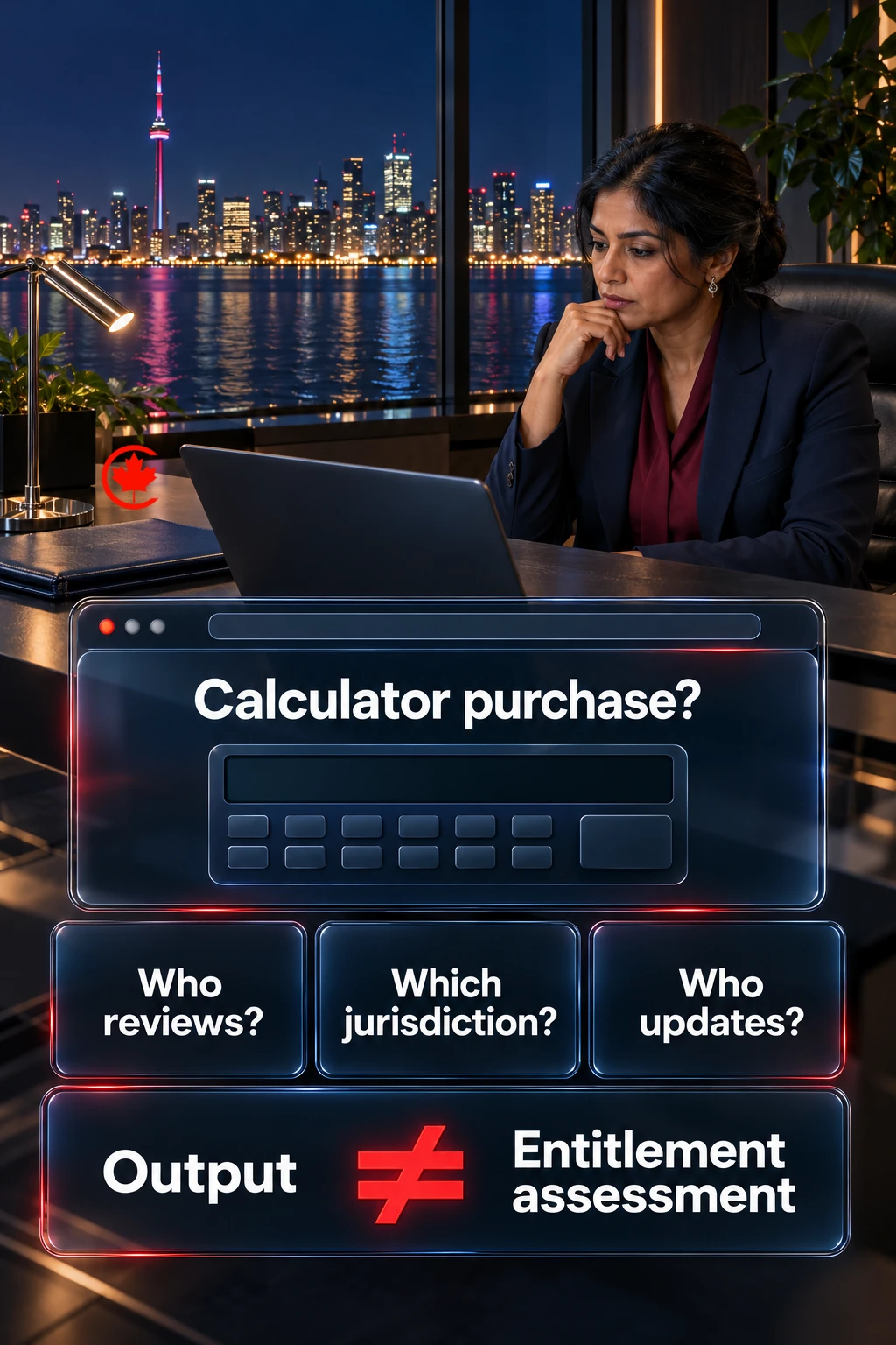 A calculator purchase is paired with questions about who reviews it, which jurisdiction it covers and who updates it. Its output is explicitly distinguished from an entitlement assessment.