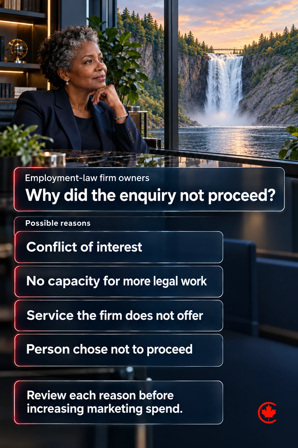 Possible reasons an employment-law enquiry does not proceed: a conflict of interest, no capacity, a service mismatch or the person choosing not to proceed. Review the reasons before increasing marketing spend.