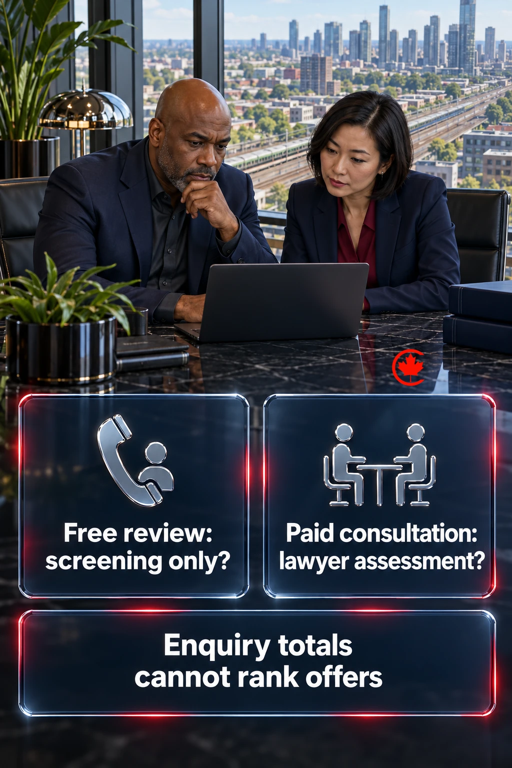 Two questions ask whether a free review is screening only and whether a paid consultation includes a lawyer’s assessment. A shared panel states that enquiry totals cannot rank the offers.