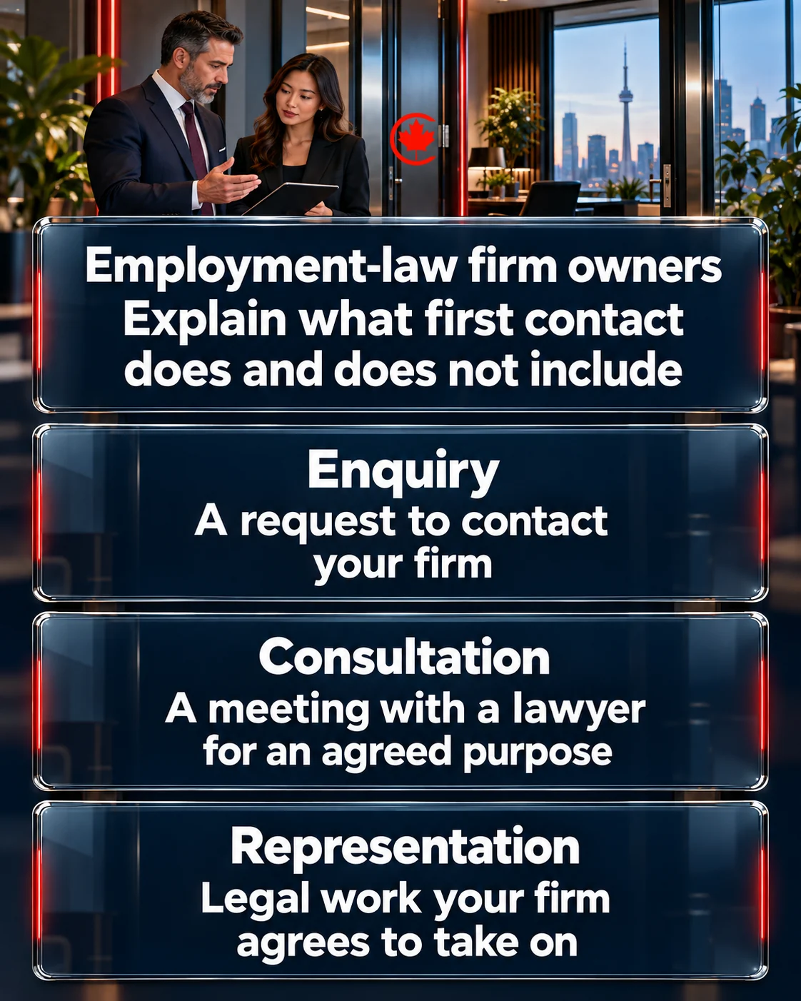 Three separate glass panels distinguish an enquiry as a request to contact the firm, a consultation as a meeting with a lawyer for an agreed purpose, and representation as legal work the firm agrees to take on.