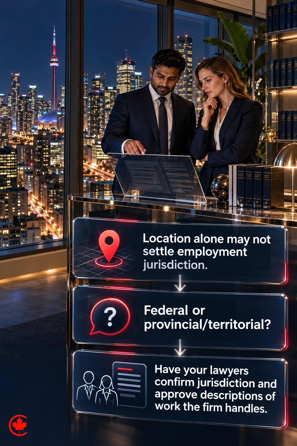 A location pin leads to a federal or provincial/territorial jurisdiction question, followed by lawyers confirming jurisdiction and approving descriptions of work the firm handles.