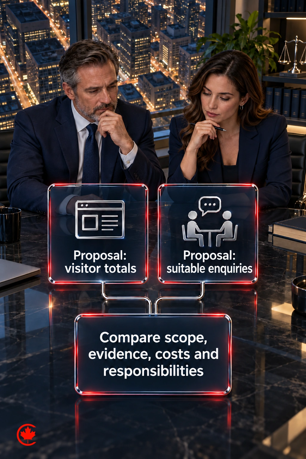 Two marketing proposals, one focused on visitor totals and one on suitable enquiries, share a review of scope, evidence, costs and responsibilities.