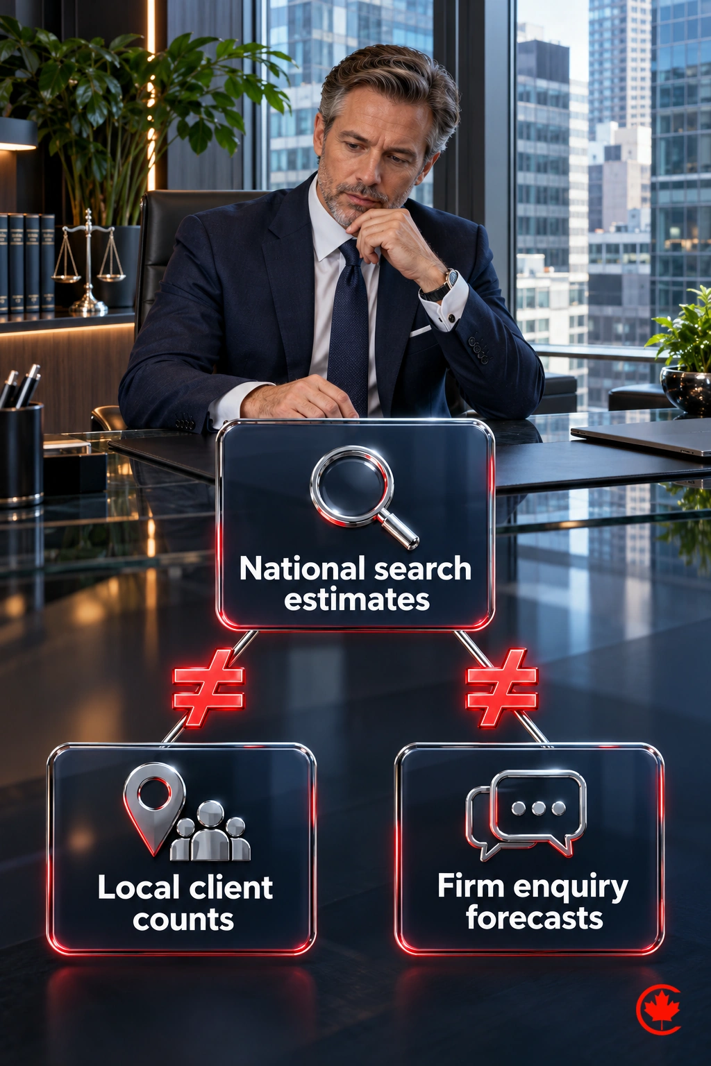 National search estimates are distinguished from local client counts and the employment-law firm’s enquiry forecasts.