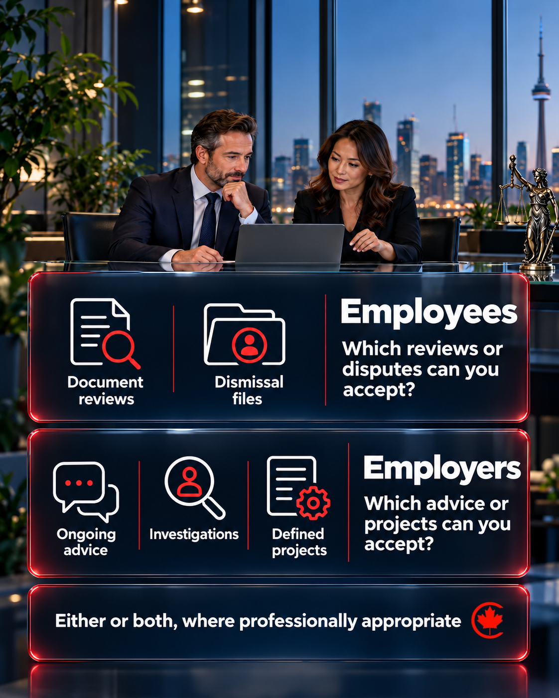 Two glass panels ask an employment-law firm owner which employee reviews or disputes and which employer advice or projects the firm can accept. The firm may serve either or both where professionally appropriate.