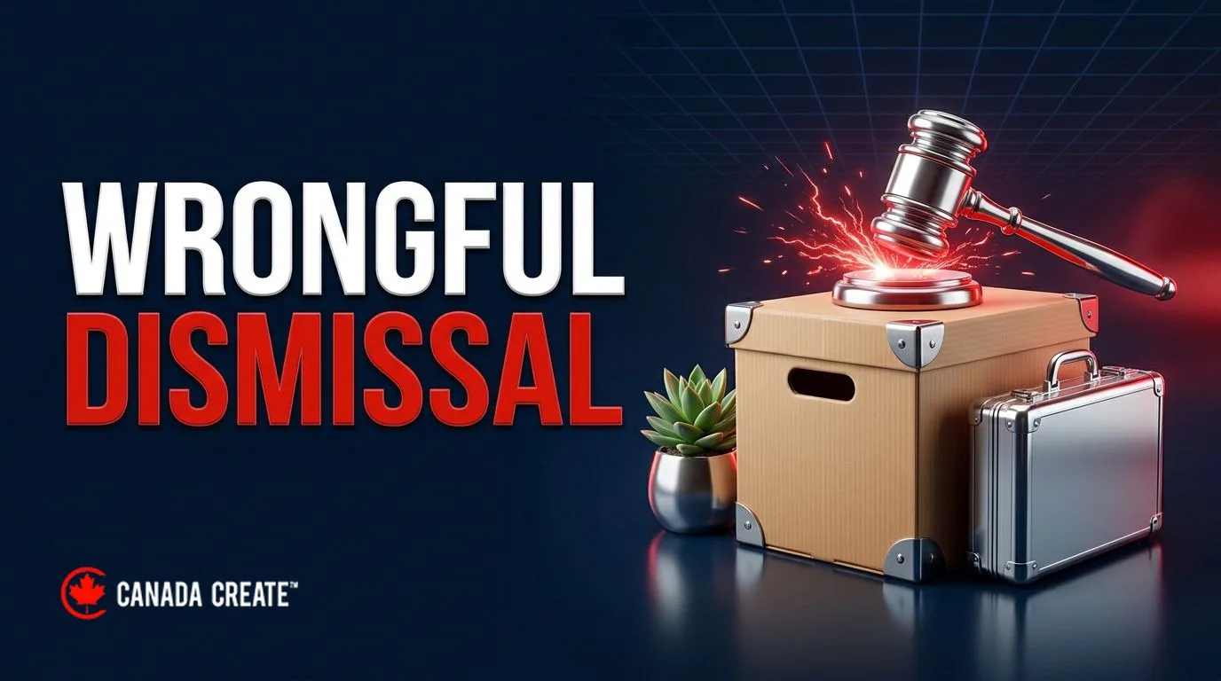 Wrongful dismissal: an office box with a desk plant and briefcase under a chrome gavel striking a red spark