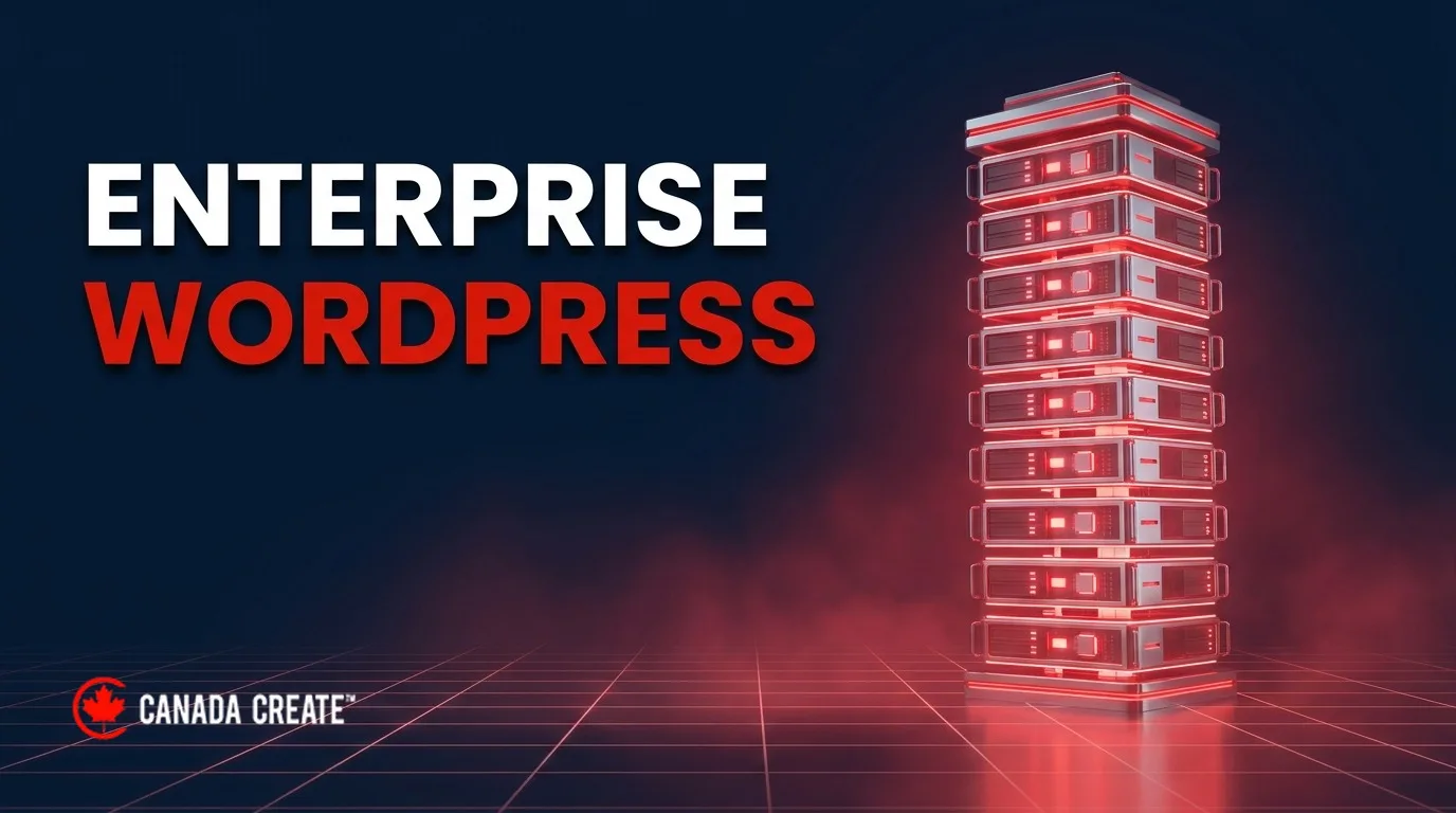 Enterprise WordPress: a skyscraper of glowing server blocks with a red core