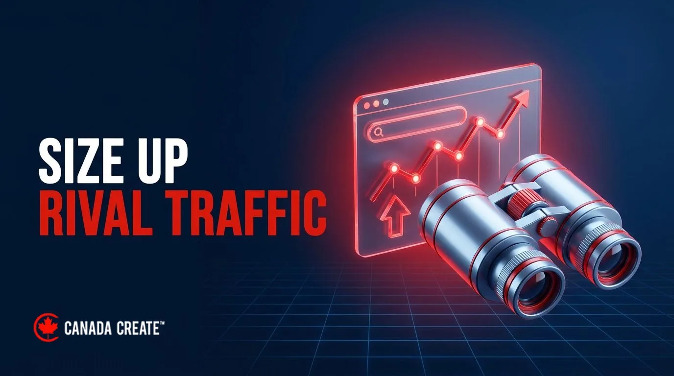 Size up rival traffic: binoculars aimed at a website card with a rising red traffic chart