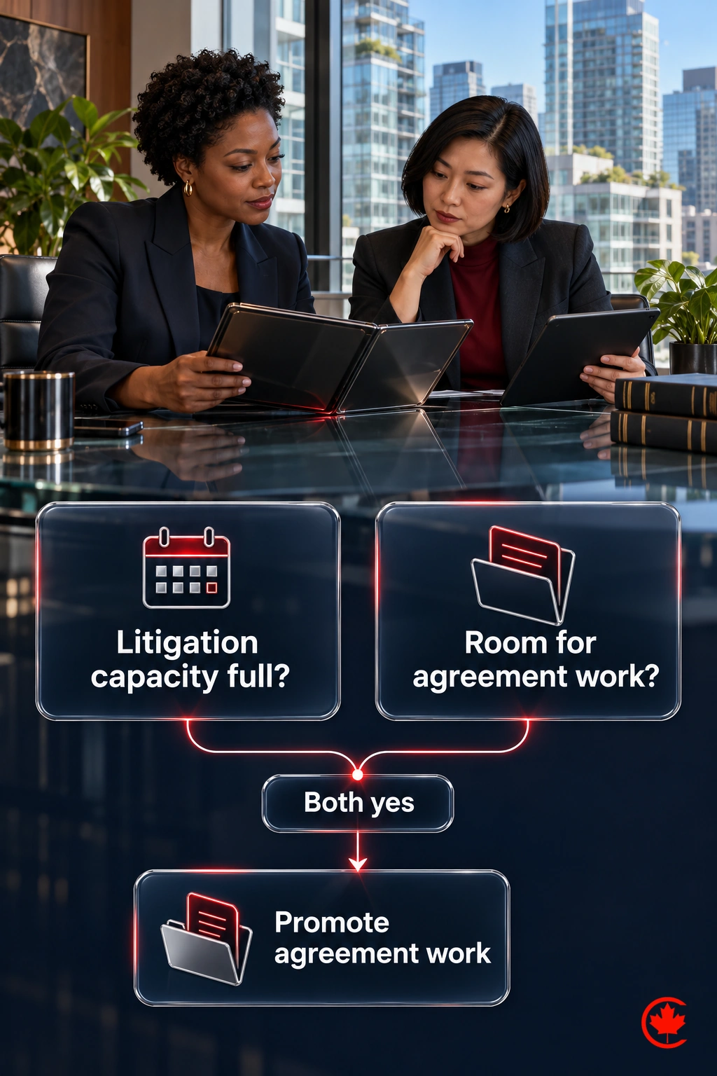 A conditional decision joins “Litigation capacity full?” and “Room for agreement work?”; when both answers are yes, the action is to promote agreement work.