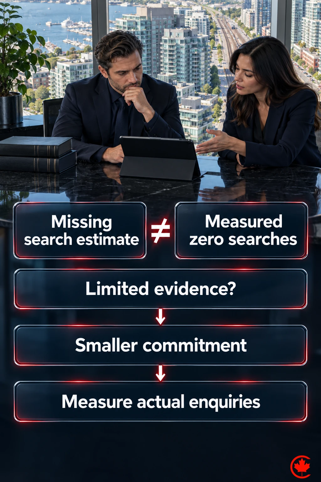 A missing search estimate is separated from measured zero searches. A conditional path links limited evidence to a smaller commitment and measuring actual enquiries.