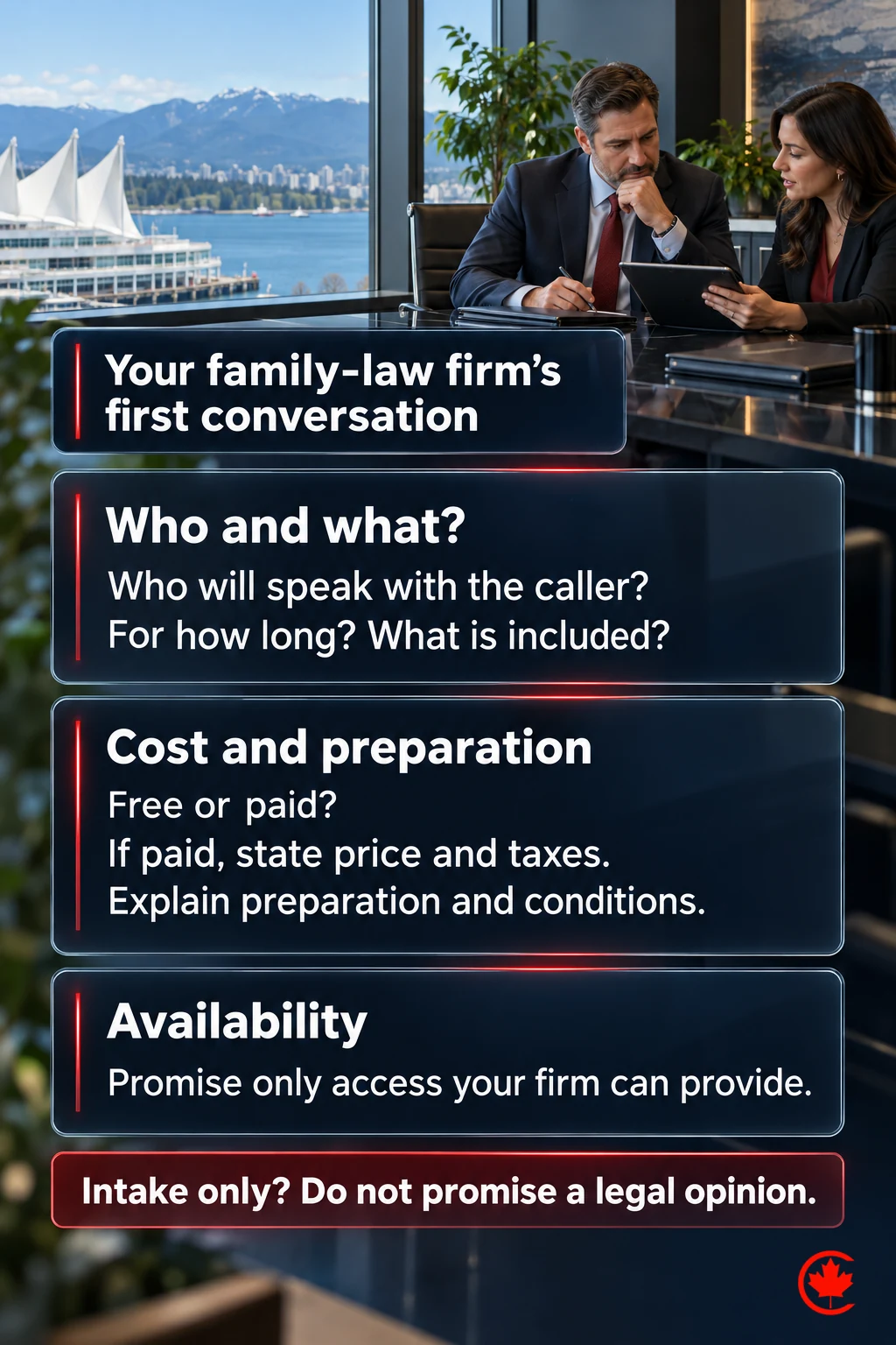 Family-law first-contact checklist: who conducts the conversation, its length and scope, free or paid terms, preparation, conditions and availability the firm can support. If the offer is intake only, do not promise a legal opinion.