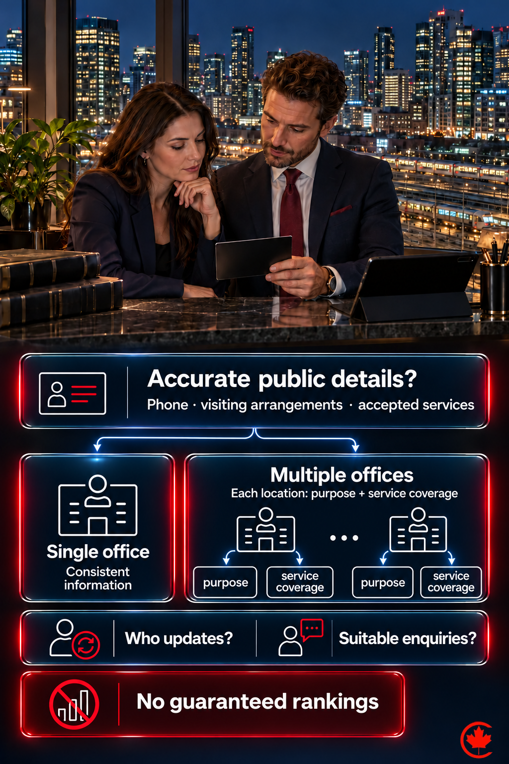 A local-visibility buying checklist asks whether public contact and service details are accurate, who updates them, and whether enquiries are suitable. A separate warning says there are no guaranteed rankings.