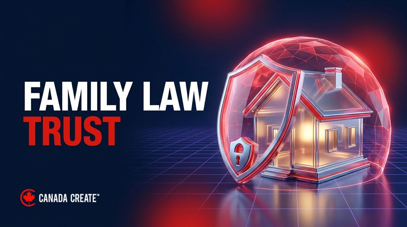 Family law trust: a glass miniature house with warm light inside, protected by a translucent red shield dome