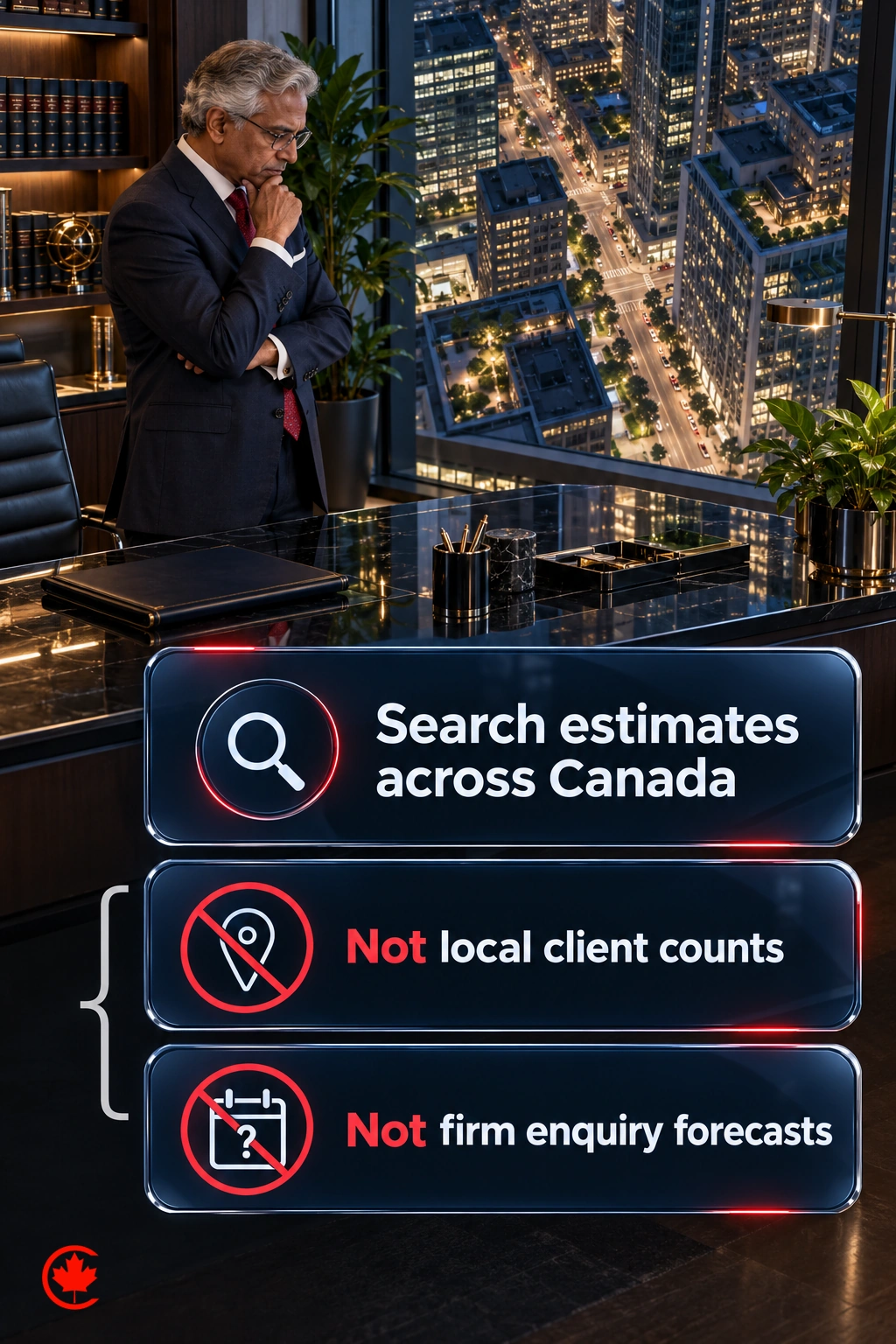 National search estimates are distinguished from counts of local clients and forecasts of the family-law firm’s enquiries; the two comparison panels state that these are not the same quantities.