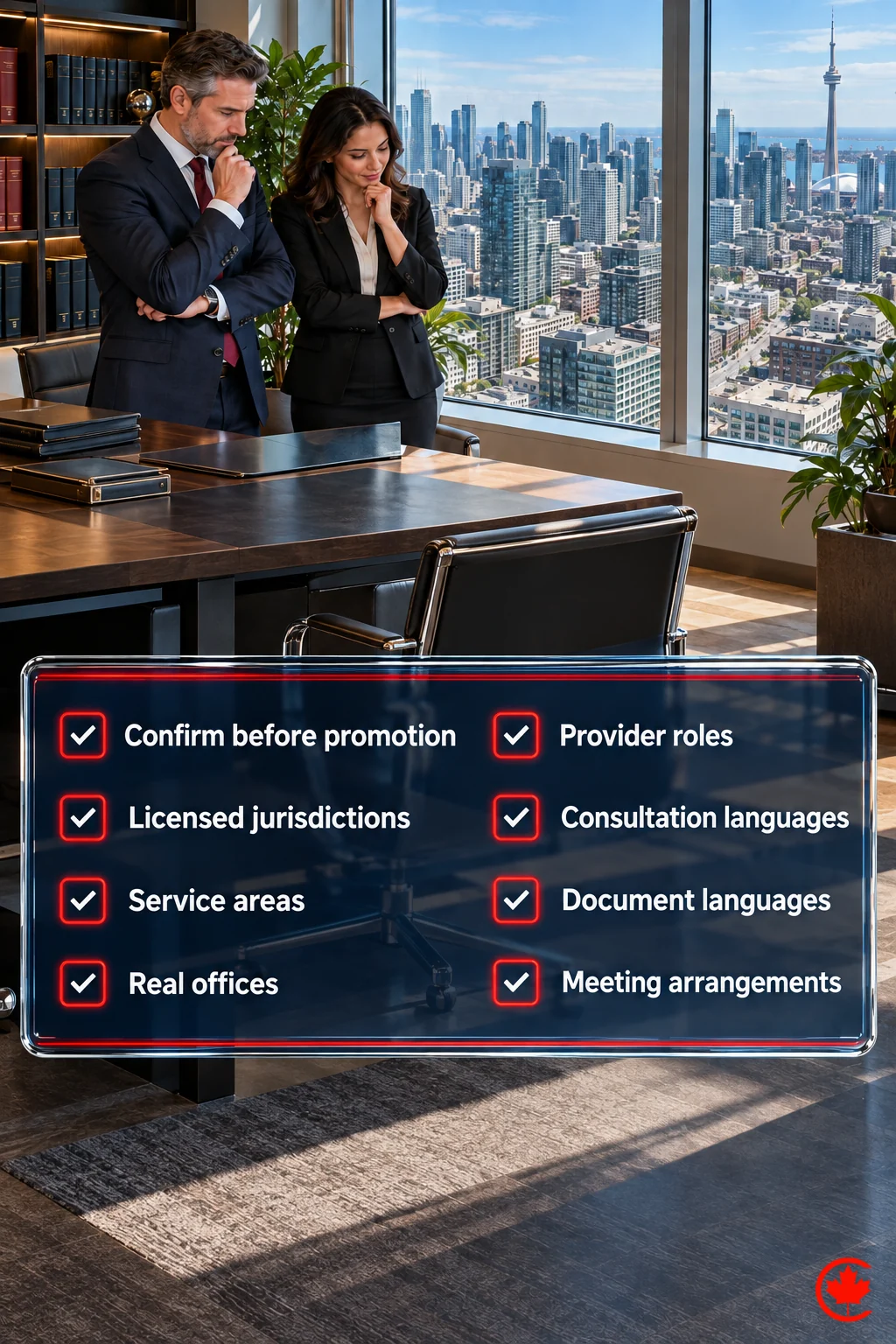 Family-law service checklist covering licensed jurisdictions, service areas, real offices, provider roles, consultation and document languages, and meeting arrangements before promotion.