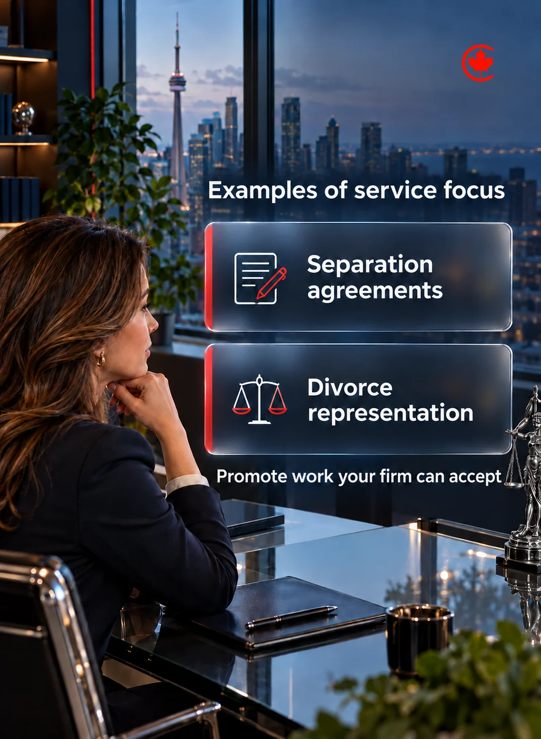 A law-firm owner reviews separation agreements and divorce representation as possible service focuses, with the instruction to promote work the firm can accept.
