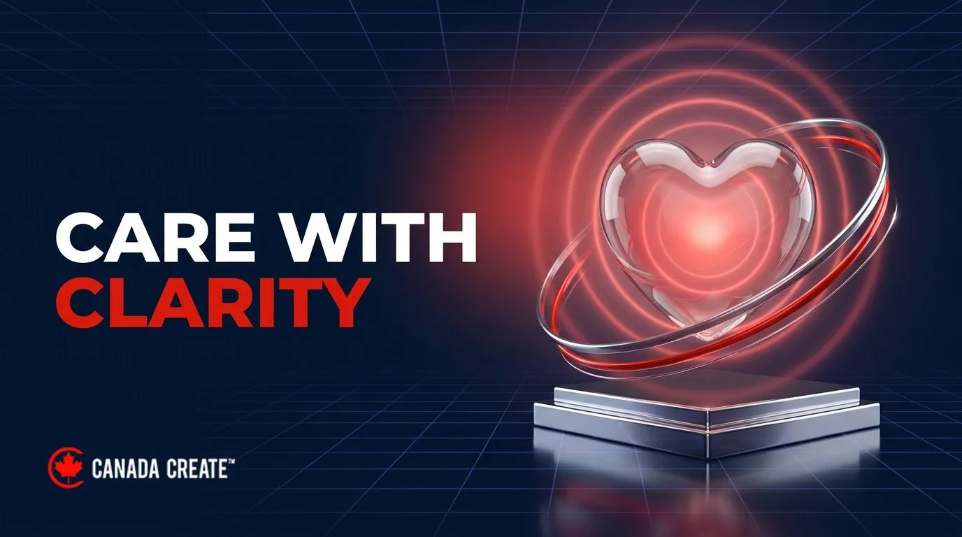 Care with clarity: a glass heart with a soft red glow floating above a chrome pedestal inside gentle rings of light