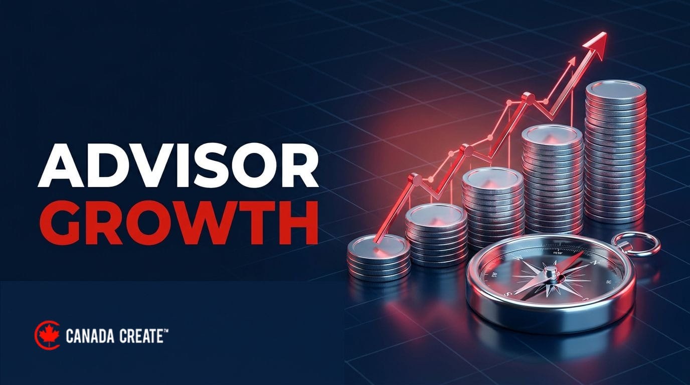 Advisor growth: stacks of silver coins rising like a staircase with a red line chart and a chrome compass