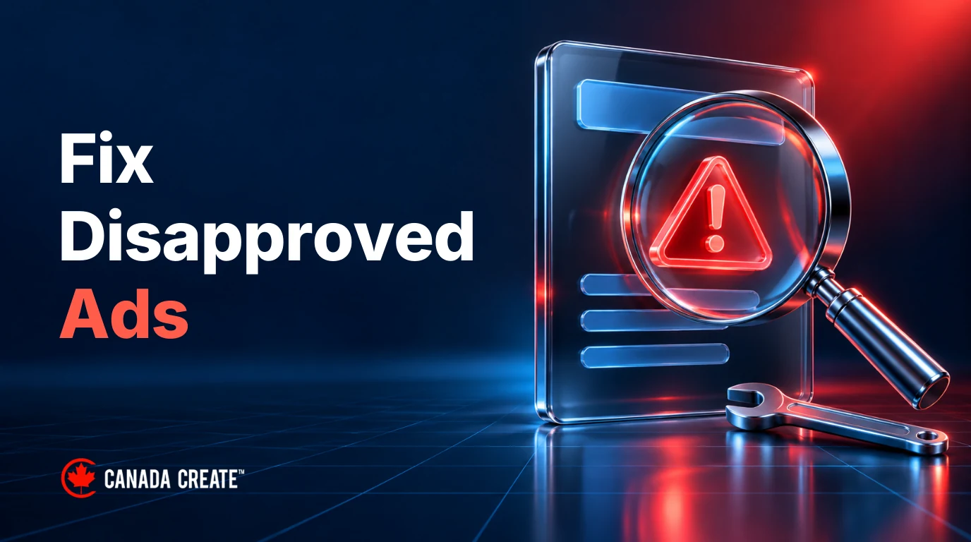 Fix Disapproved Ads: a chrome magnifying glass examines a red warning on a glass ad panel, with a repair tool below.