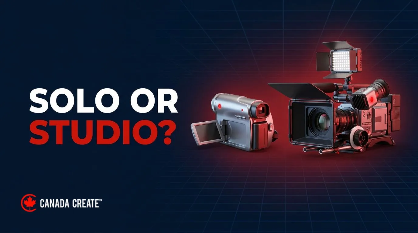 Solo or studio: a small handheld camera facing a full cinema camera rig with a red recording glow