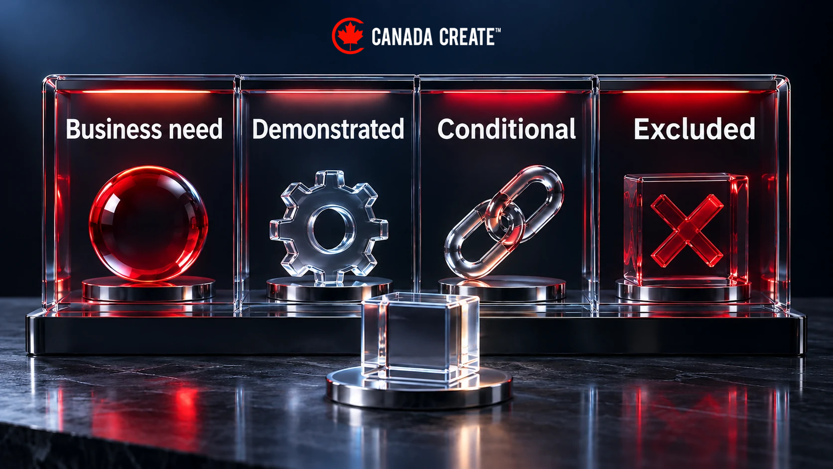 Four labelled compartments distinguish the business need, demonstrated functions, conditional work and exclusions in a software proposal.
