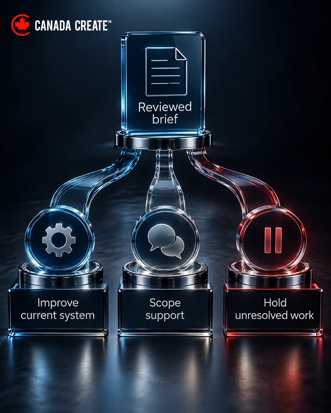 Three buying options lead from a reviewed communication brief: improve existing tools, commission bounded support or hold unresolved work.