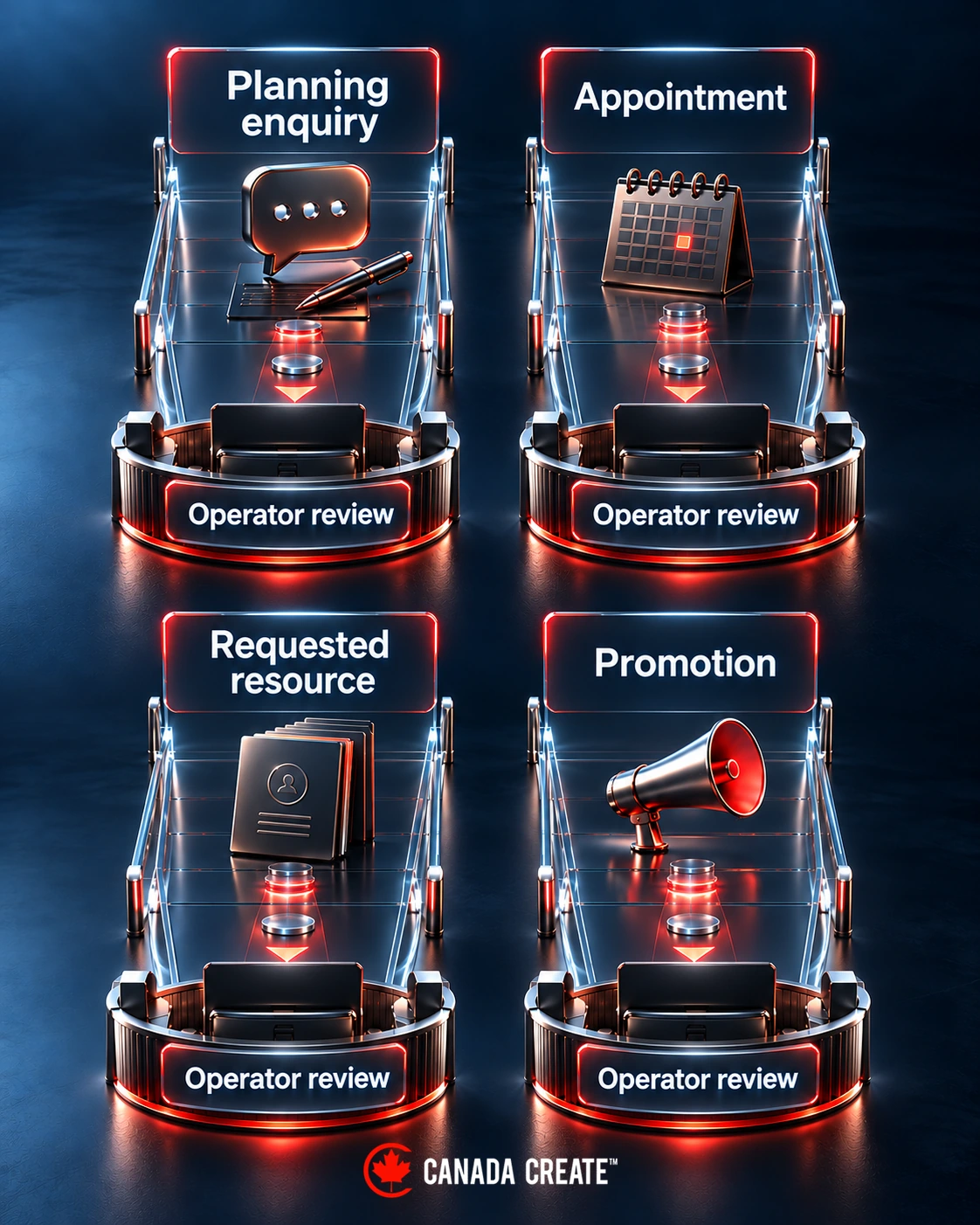 Four distinct communication purposes reach separate operator review points.