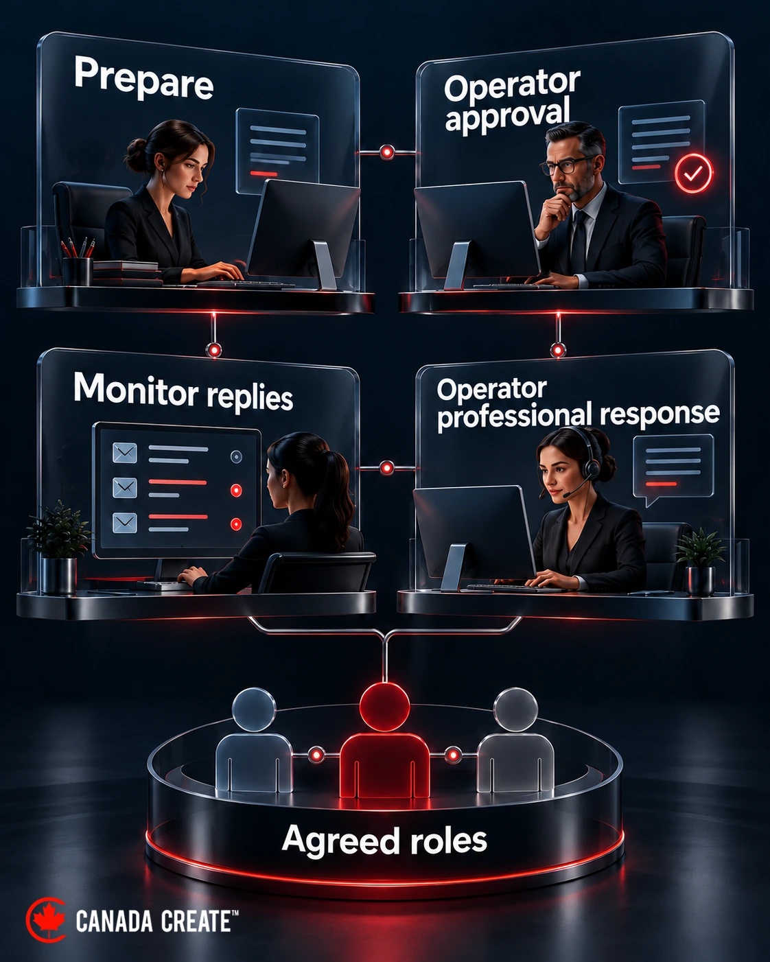 Four communication responsibilities from preparation through professional response require named owners.