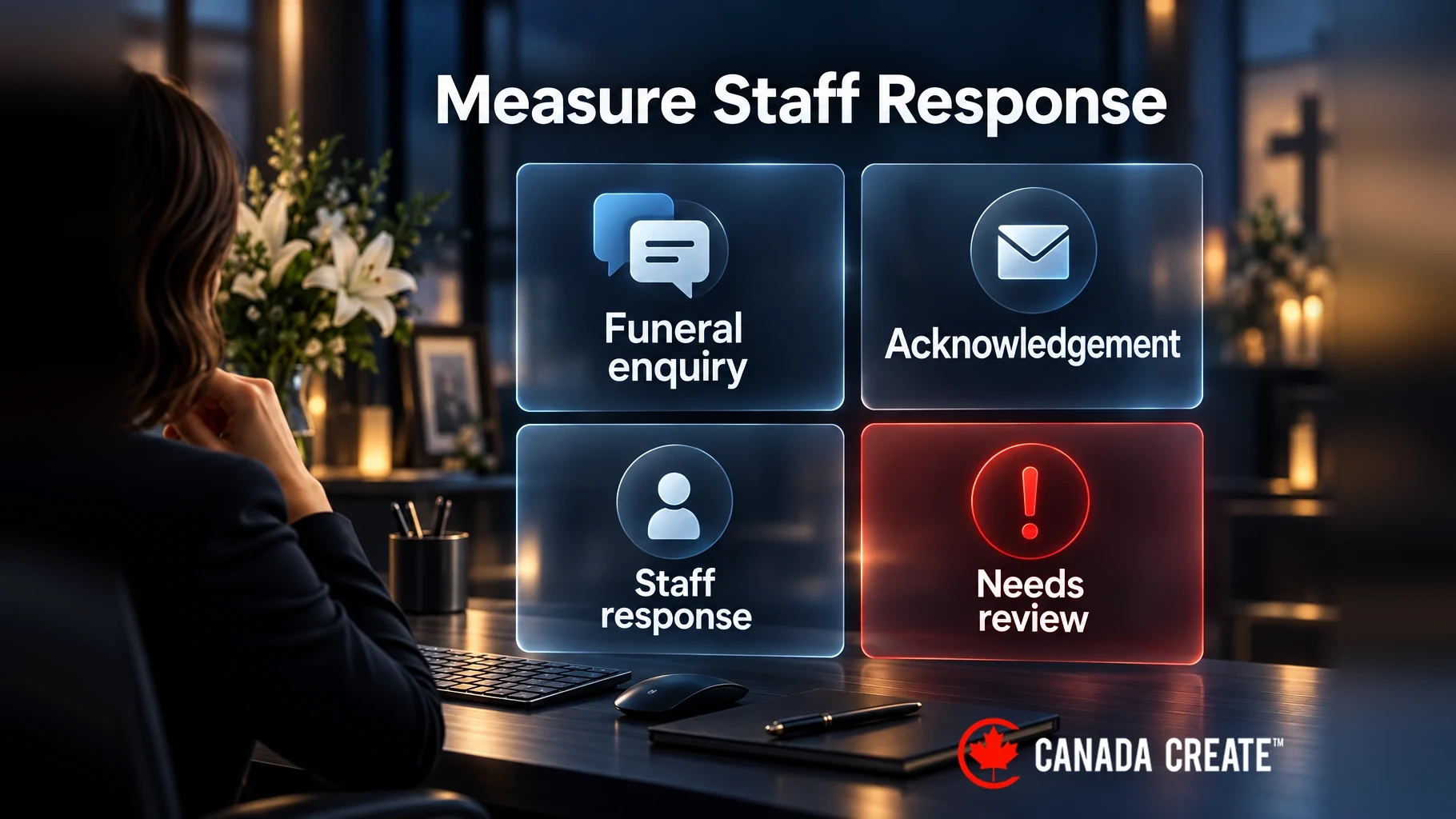A funeral-home enquiry report distinguishes automatic acknowledgement from staff response and unresolved requests.