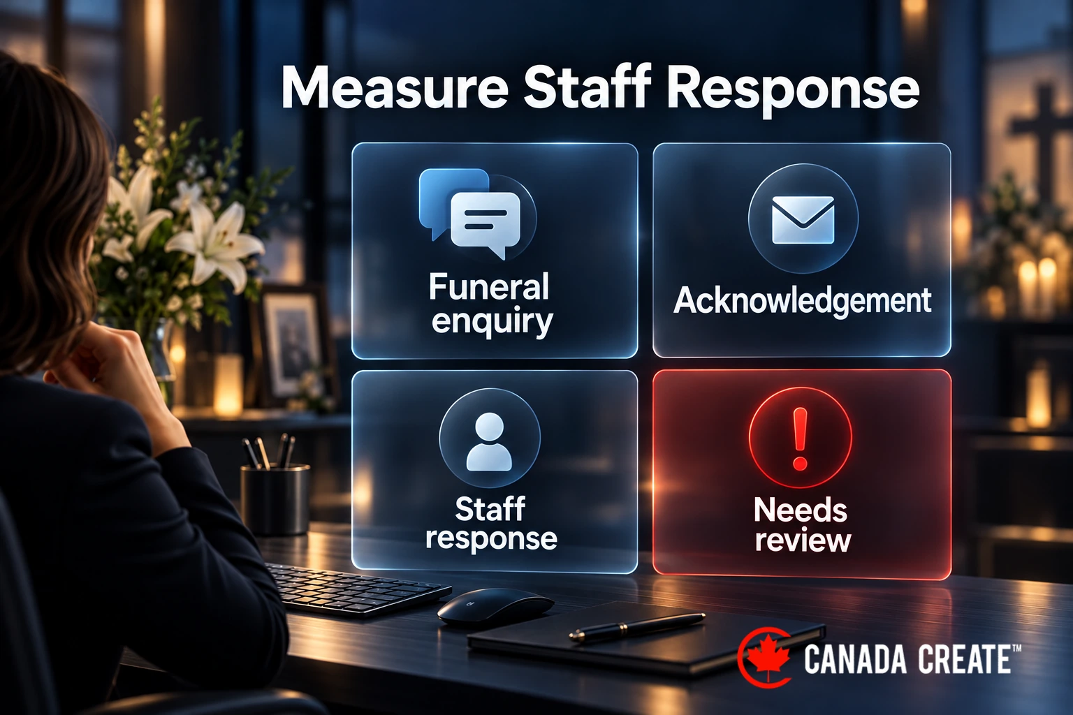 A funeral-home enquiry report distinguishes automatic acknowledgement from staff response and unresolved requests.
