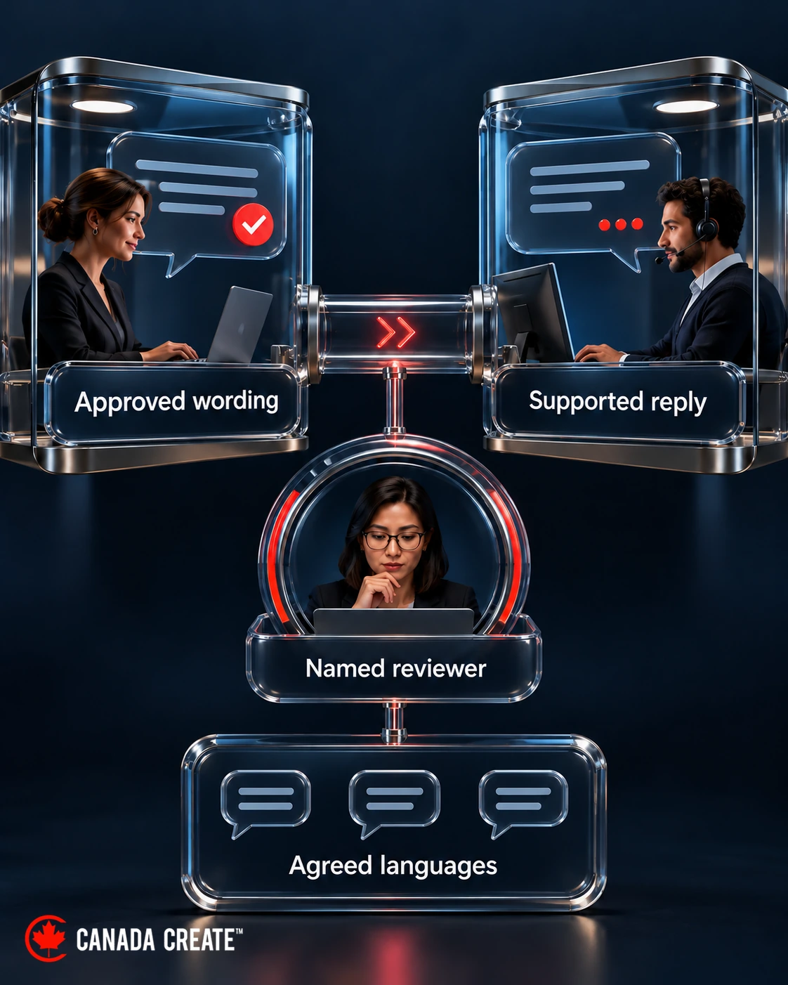 A language-support bridge connects approved wording with a staff member able to continue the conversation.