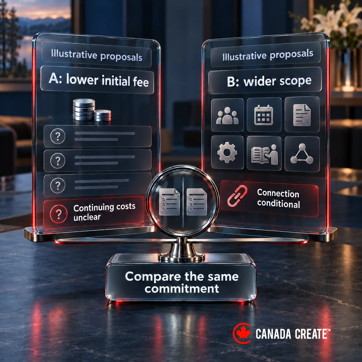 Fictional proposals show a lower initial fee with unclear continuing costs and a wider scope with a conditional connection.