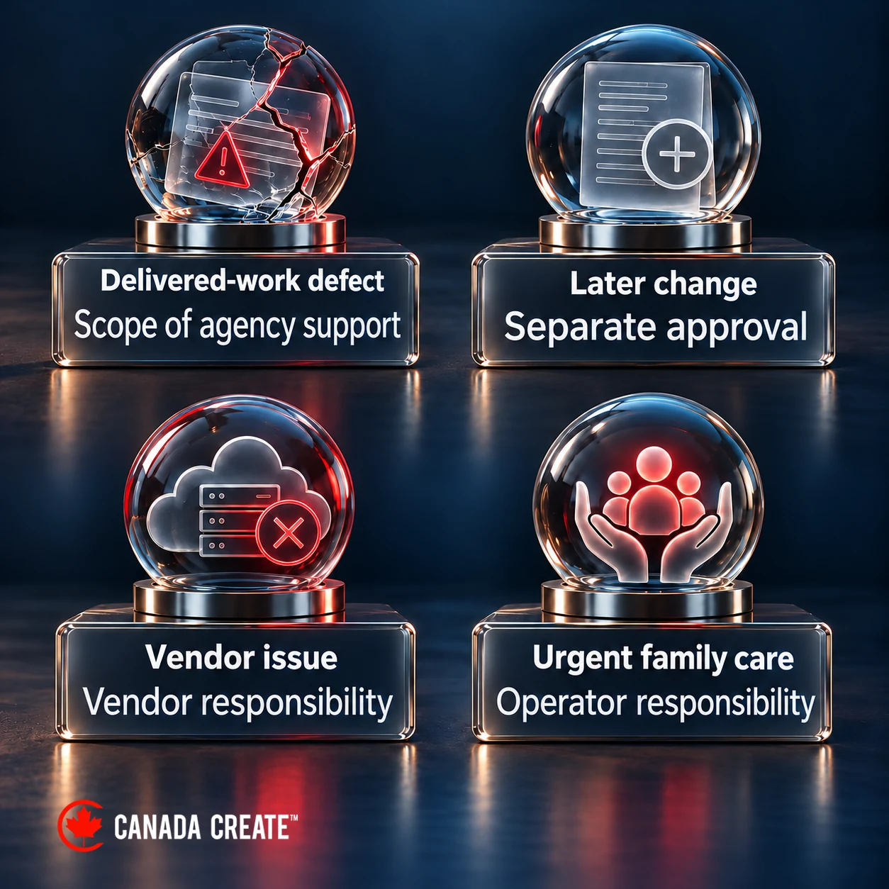 Four support situations distinguish delivered-work defects, later changes, vendor issues and urgent family-care responsibility.
