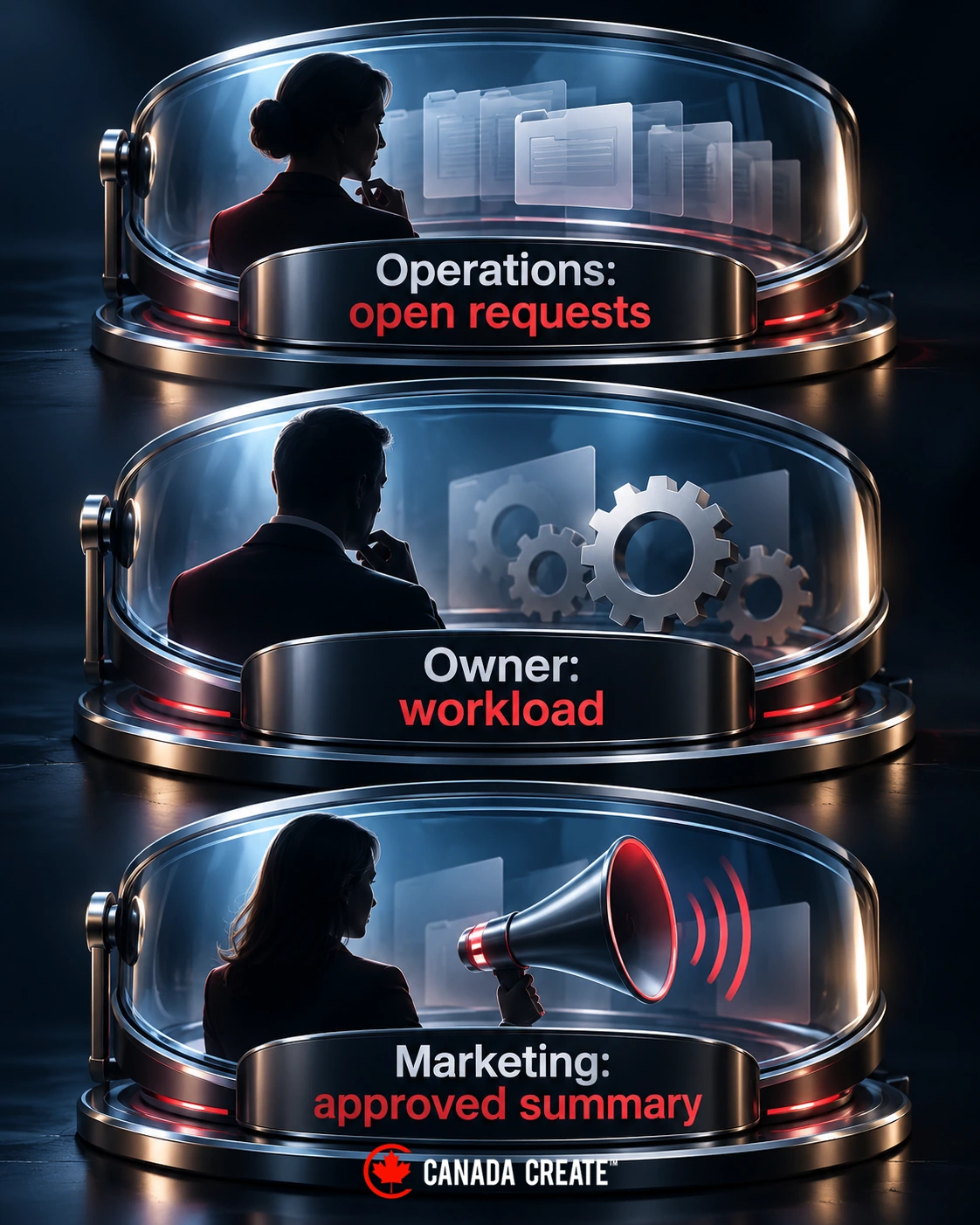 Three reporting views serve operational requests, owner workload review and approved marketing summaries.