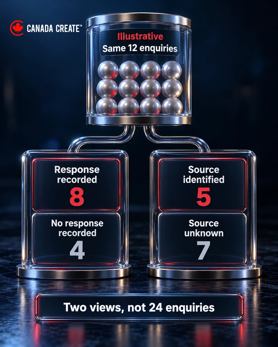 Illustrative counts split twelve enquiries into eight recorded responses and four gaps, and separately five identified sources and seven unknown sources.