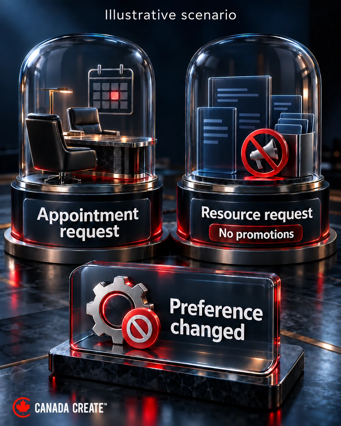 Illustrative appointment and resource requests retain separate responsibilities when a contact preference changes.