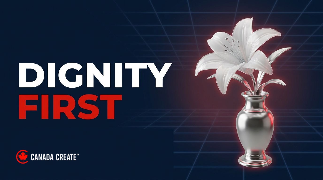 Dignity first: a white glass lily sculpture in a polished silver vase under soft light